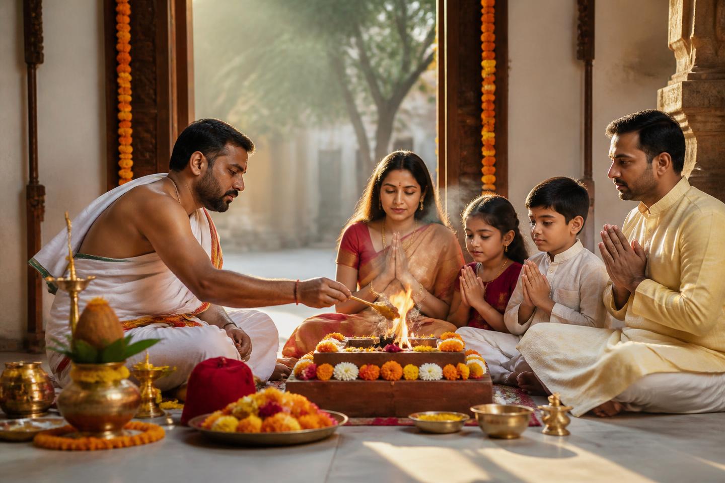 A family participating in a traditional havan with a pandit