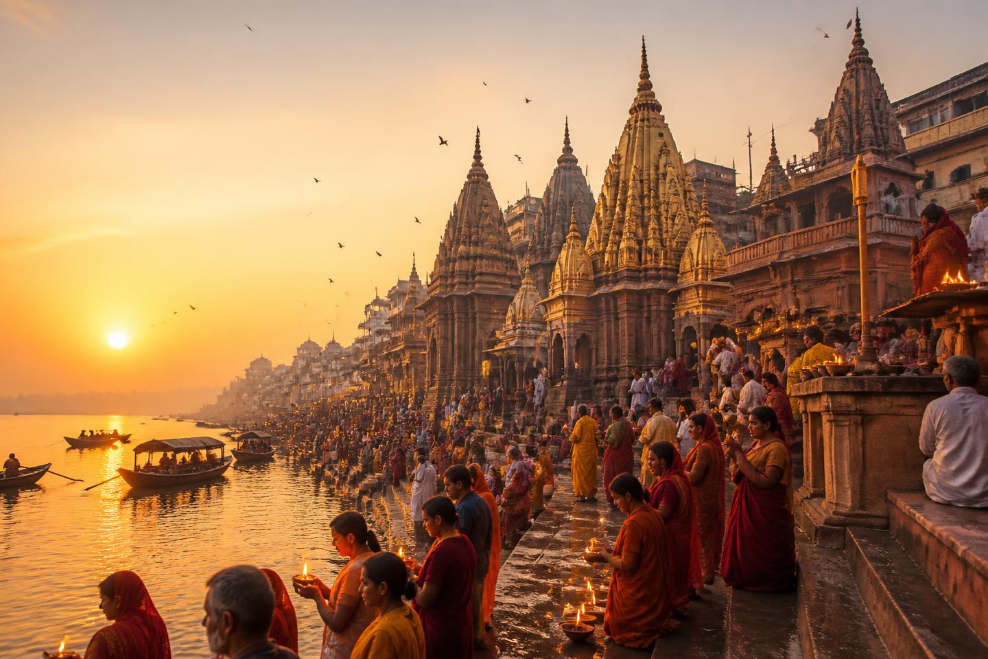 Devotees offering diyas beside temples on the Ganga at sunrise